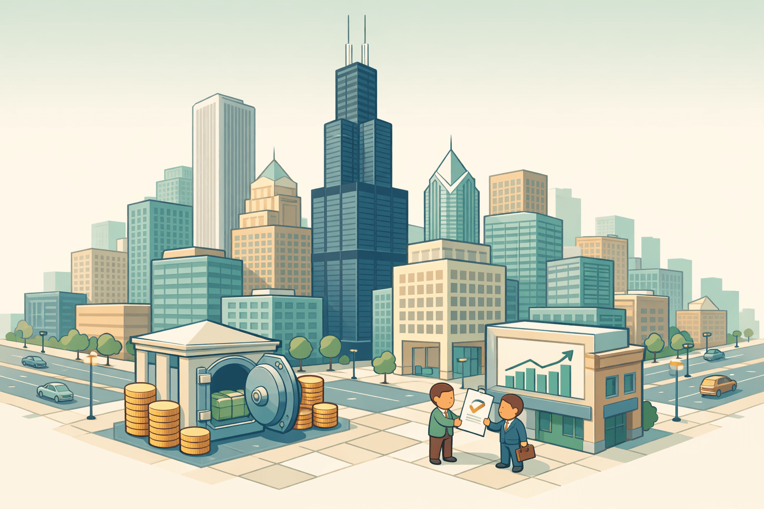 Isometric Chicago skyline with a small business owner receiving a funding approval near a bank building with visible revenue growth symbols.