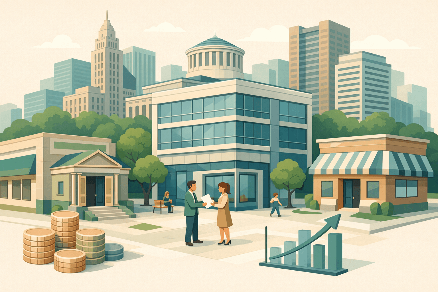 Isometric scene of Columbus Ohio business district with small business owners near a bank and office buildings representing revenue based financing access.