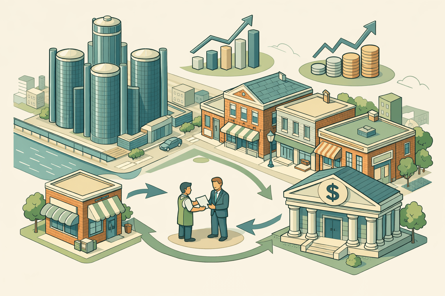 Isometric Detroit cityscape with the Renaissance Center, small business storefronts, and tiny figures exchanging documents near a bank building with revenue symbols overhead.
