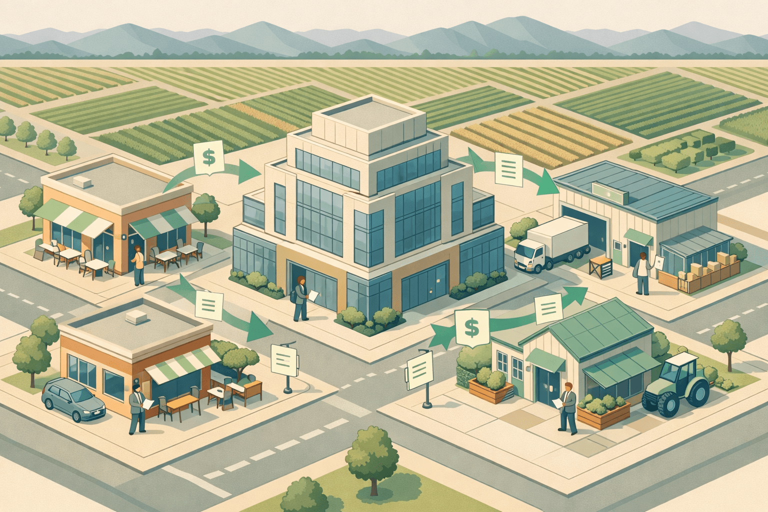 Isometric scene of a Fresno business district with a lending office, local storefronts, a warehouse, and agricultural fields in the background.