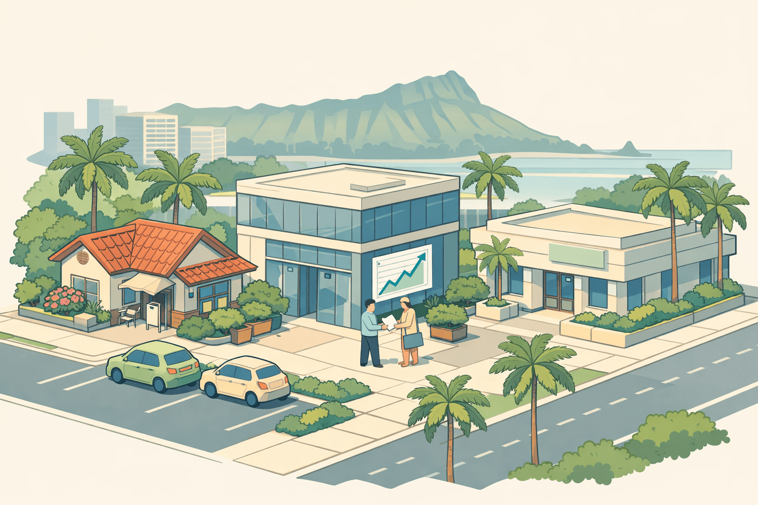 Isometric view of a Hawaiian small business street with storefronts, a bank branch, palm trees, and tiny people exchanging documents near a revenue chart display.
