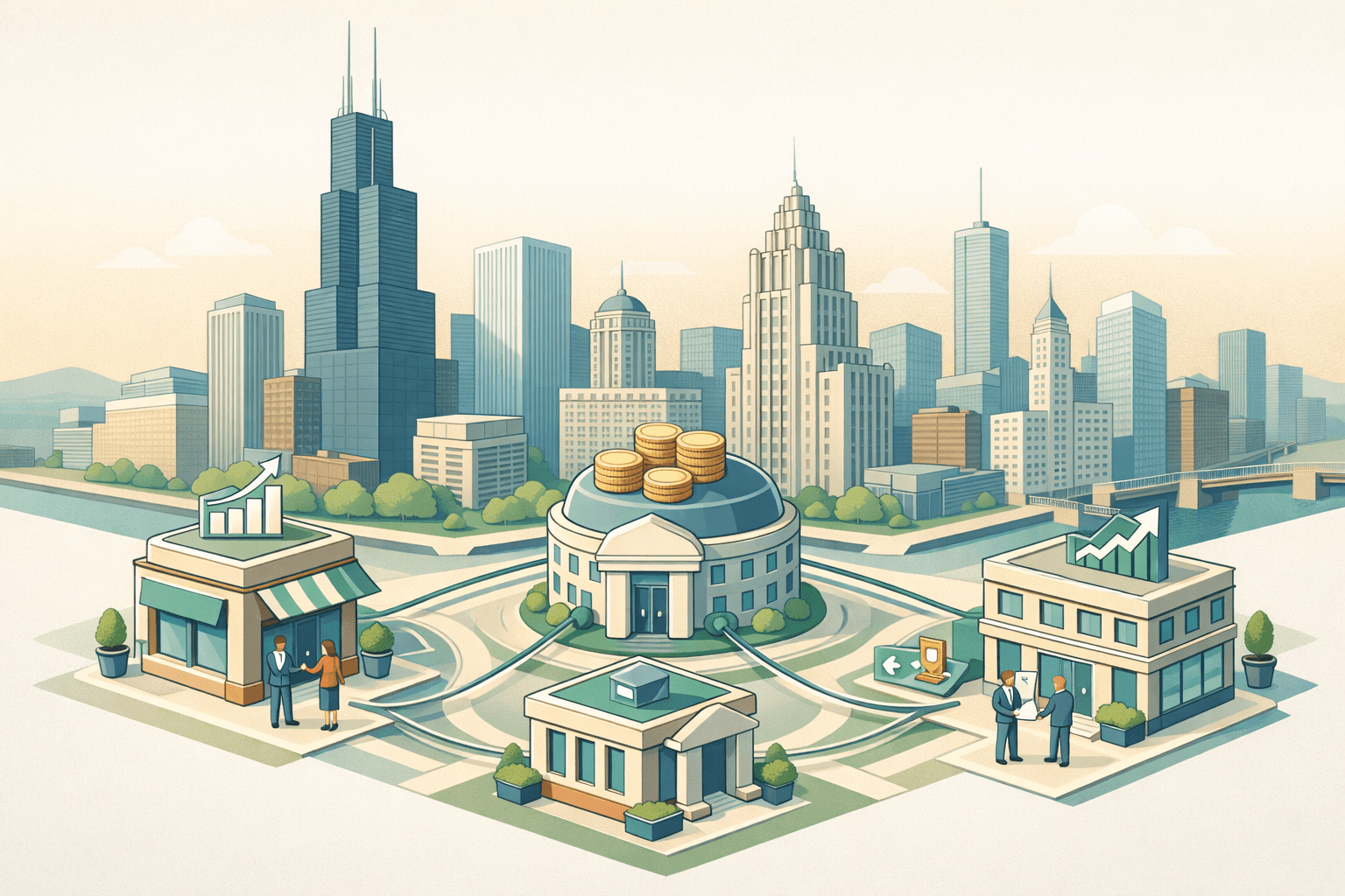 Isometric scene of a Chicago-style skyline with small business storefronts and a lending hub connected by revenue flow lines and tiny figures exchanging documents.