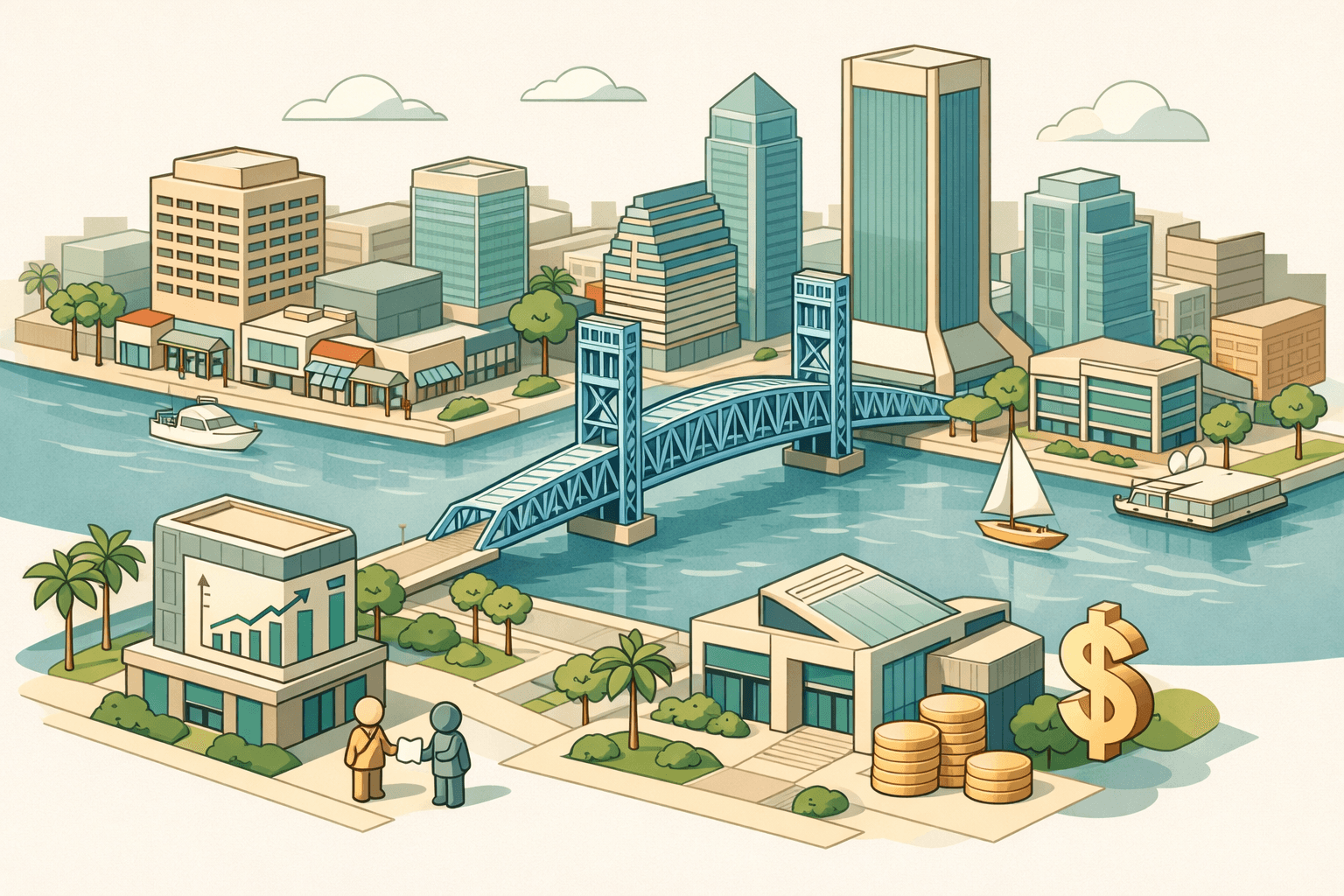 Isometric illustration of Jacksonville riverfront business district with office buildings, a bridge, and small figures representing business lending activity.