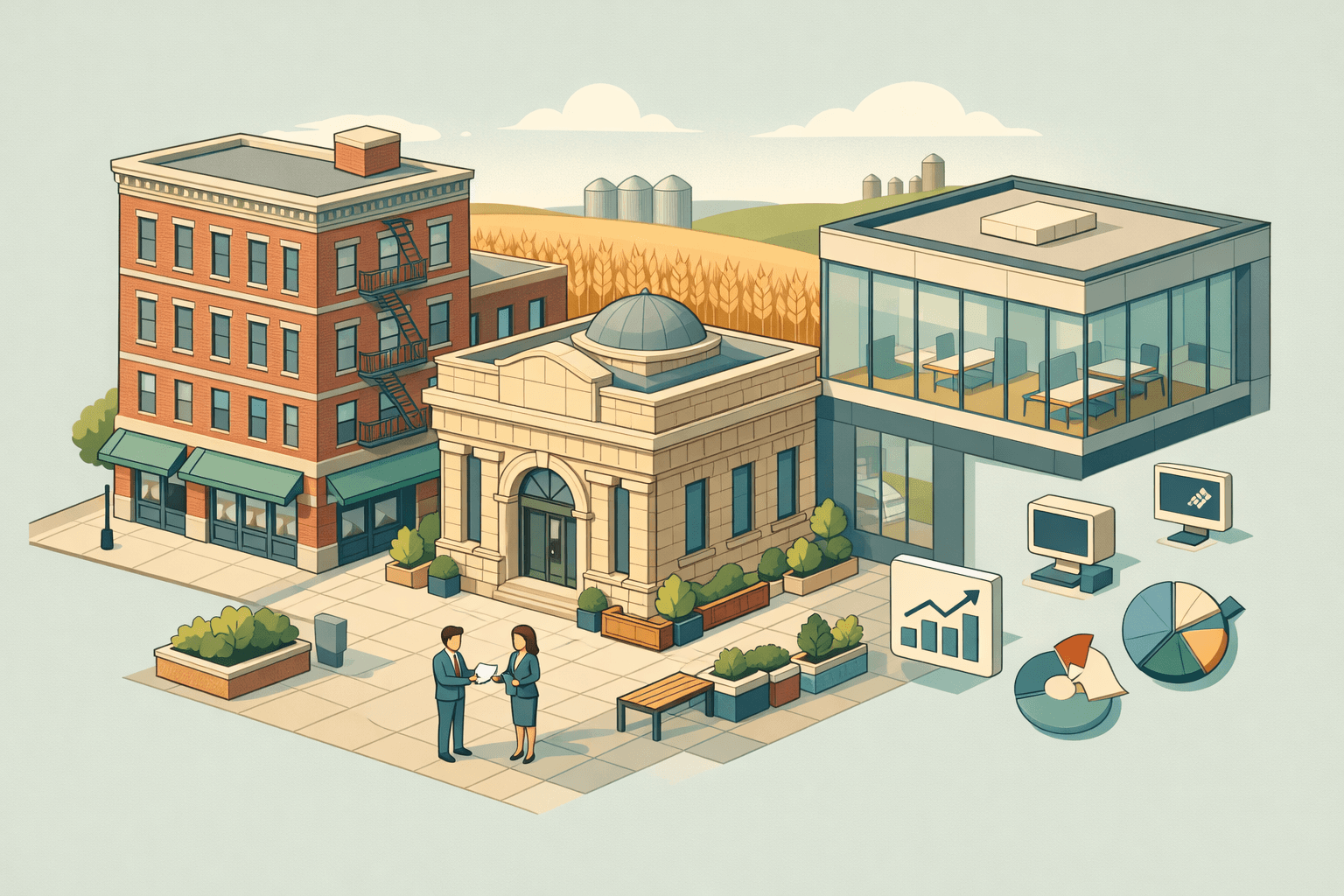 Isometric scene of a Kansas City commercial street with a community bank, modern office building, tiny business owners, and a wheat field in the background.