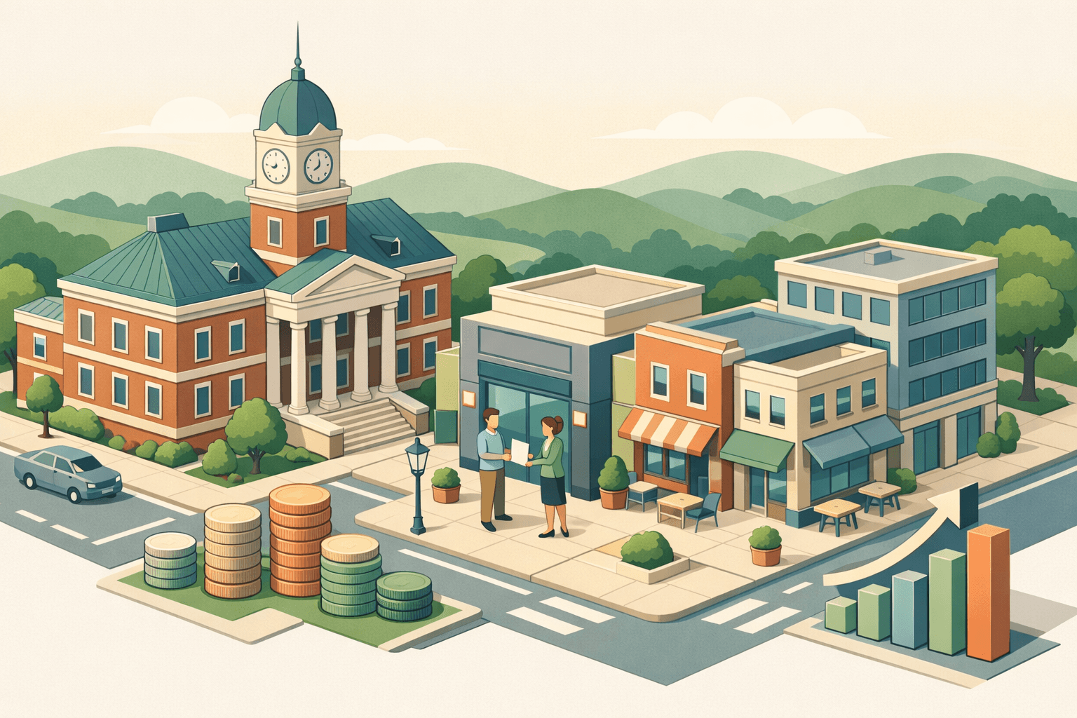 Isometric view of a Kentucky small business district with a courthouse, storefronts, and stylized figures exchanging financing documents near a bank entrance.