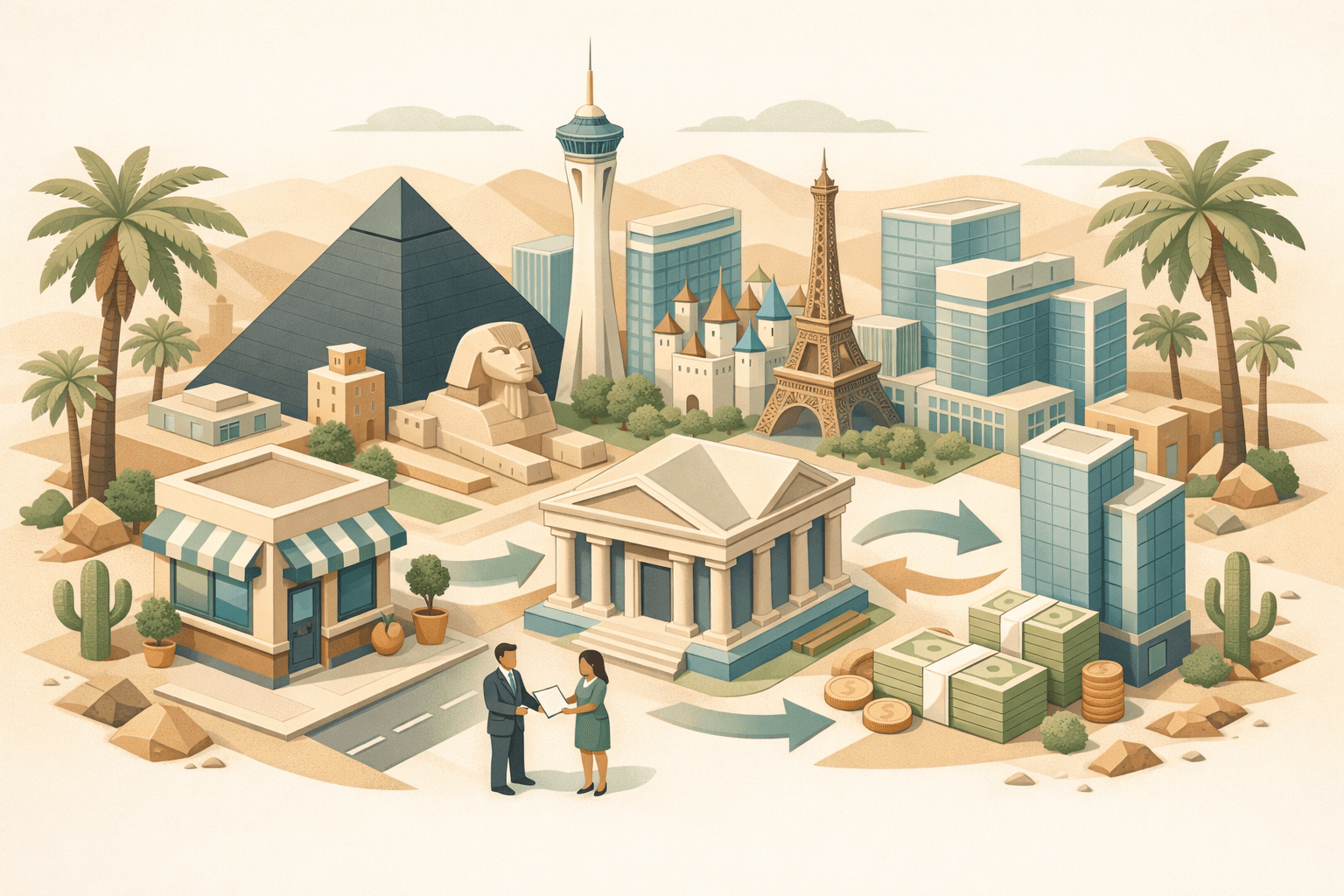 Isometric city scene of Las Vegas with small business storefronts, a bank building, and tiny figures exchanging documents representing working capital financing.
