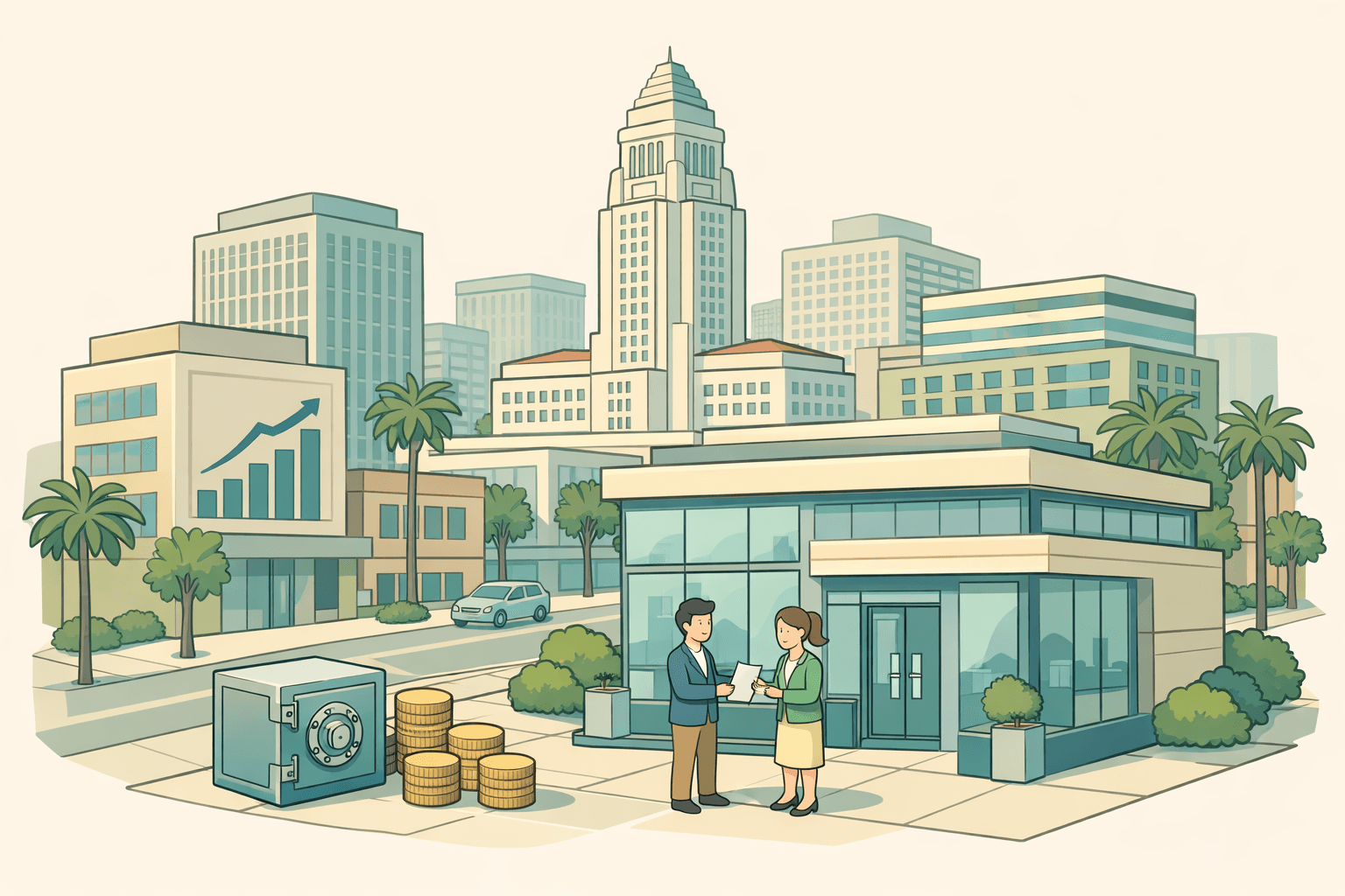 Isometric scene of a Los Angeles business district with small business owners near a lending office, palm trees, and rising revenue symbols.