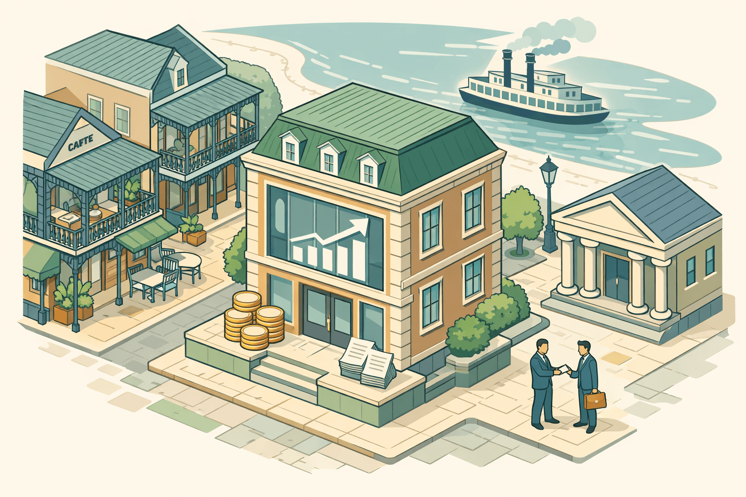 Isometric illustration of New Orleans-style small business buildings with figures exchanging financing documents near a riverfront bank setting.
