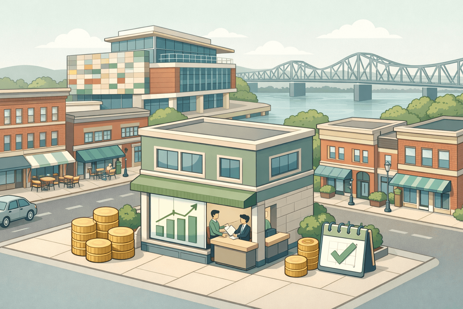 Isometric scene of a Louisville small business street with a lending office, rising revenue charts, and two small figures completing a financing transaction.