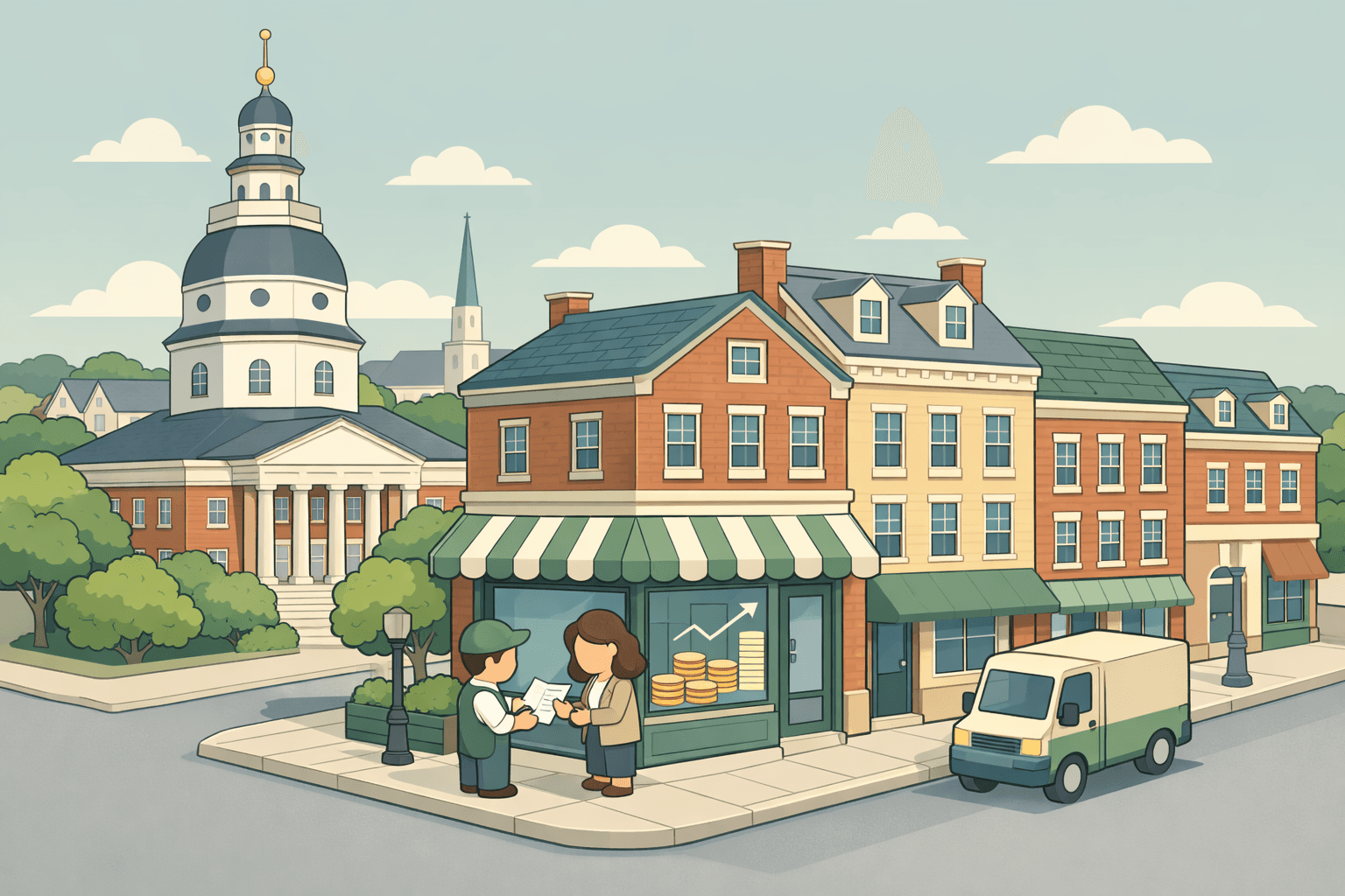 Isometric scene of a Maryland main street with historic buildings, small business owners, and a lending office representing revenue based financing.