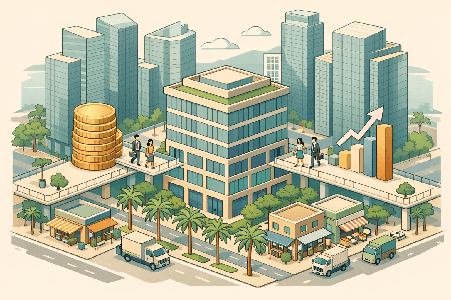 Isometric Miami skyline with office buildings, small business storefronts, and stylized people representing revenue based financing activity.