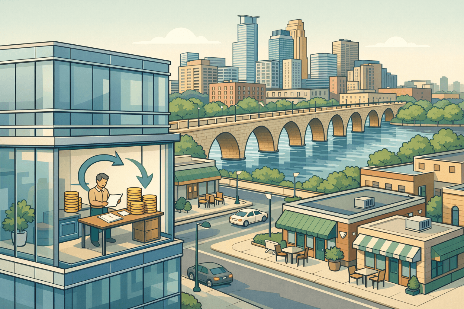 Isometric scene of a Minneapolis office district with a small business owner reviewing financing documents, Stone Arch Bridge visible in the background.