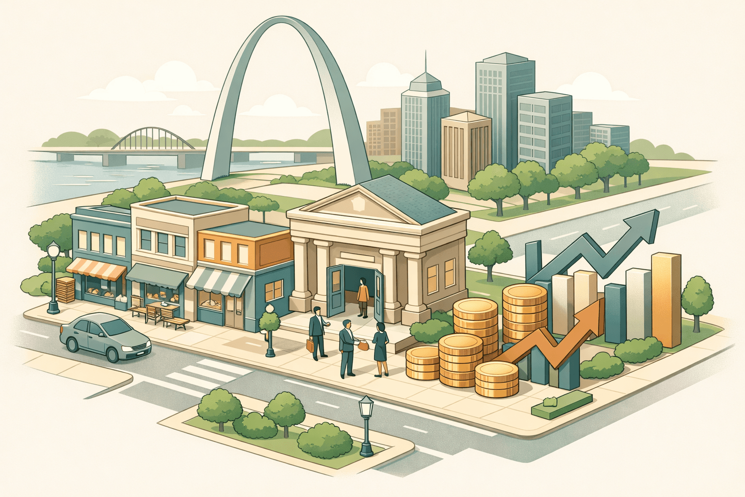 Isometric scene of a Missouri city block with small business storefronts, a community bank, and the Gateway Arch visible in the background.