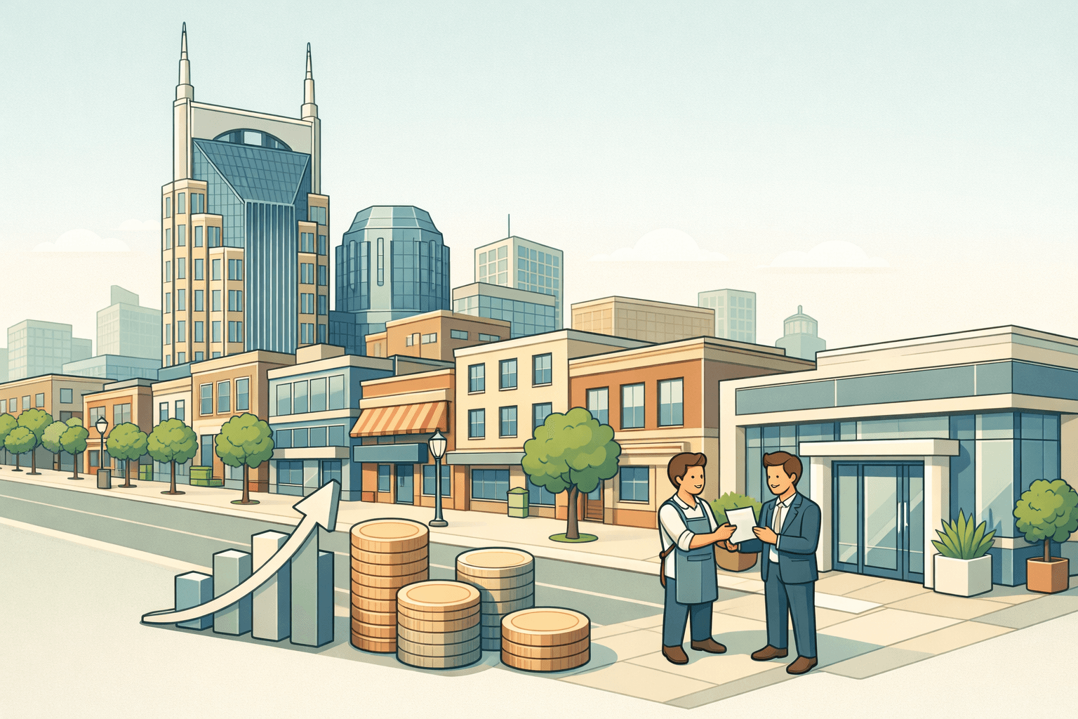 Isometric Nashville skyline with small business owners and a lending office on a commercial street, coins and growth charts as decorative elements.