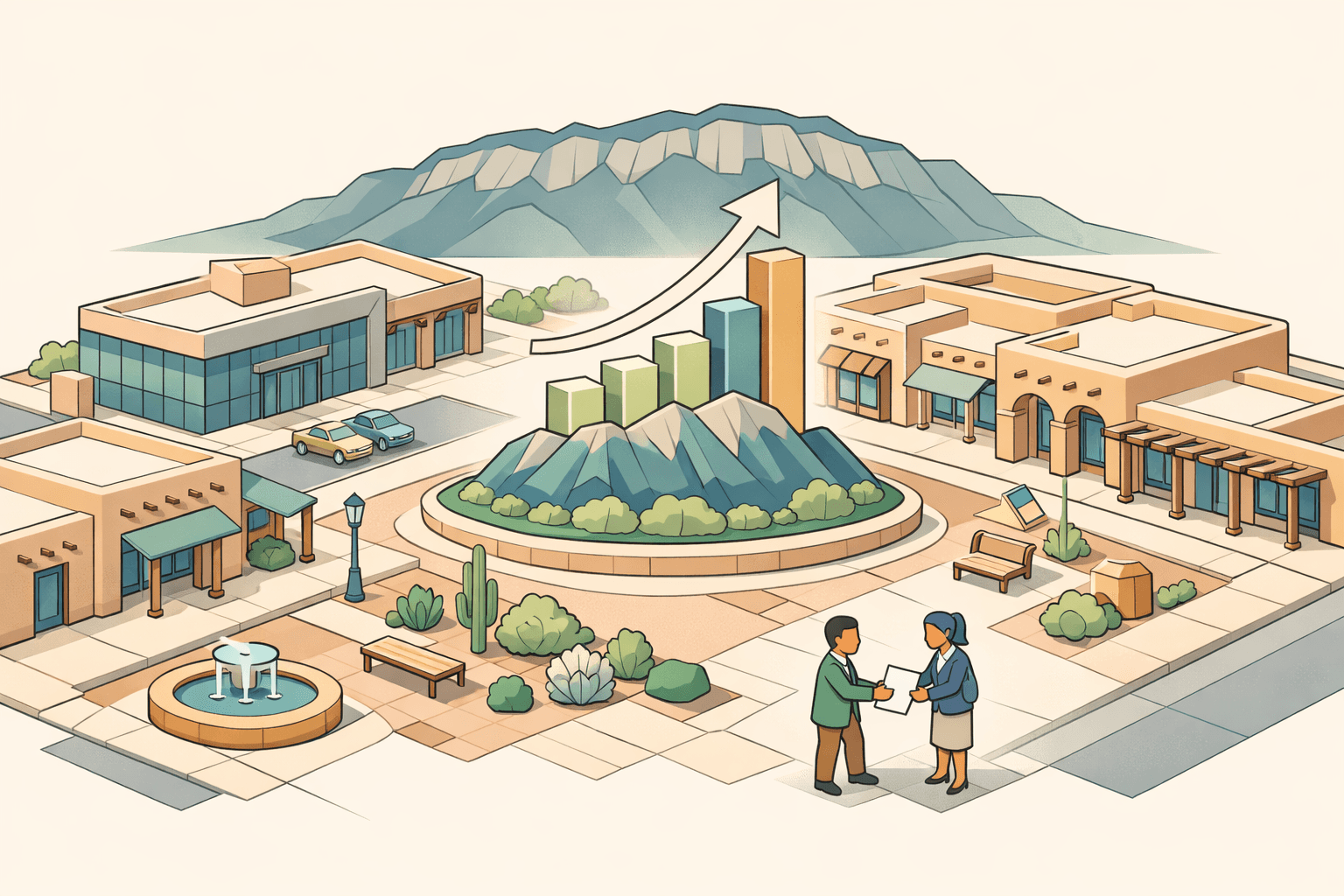 Isometric scene of adobe-style New Mexico business buildings with small figures exchanging documents near a central plaza and mountain backdrop.