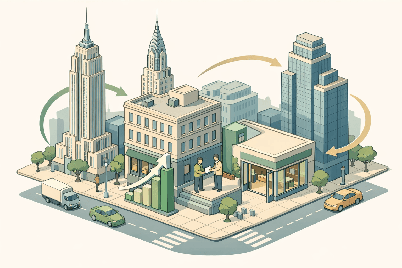 Isometric New York City street scene with a small business storefront, financial buildings, and stylized figures exchanging documents near a lending office.