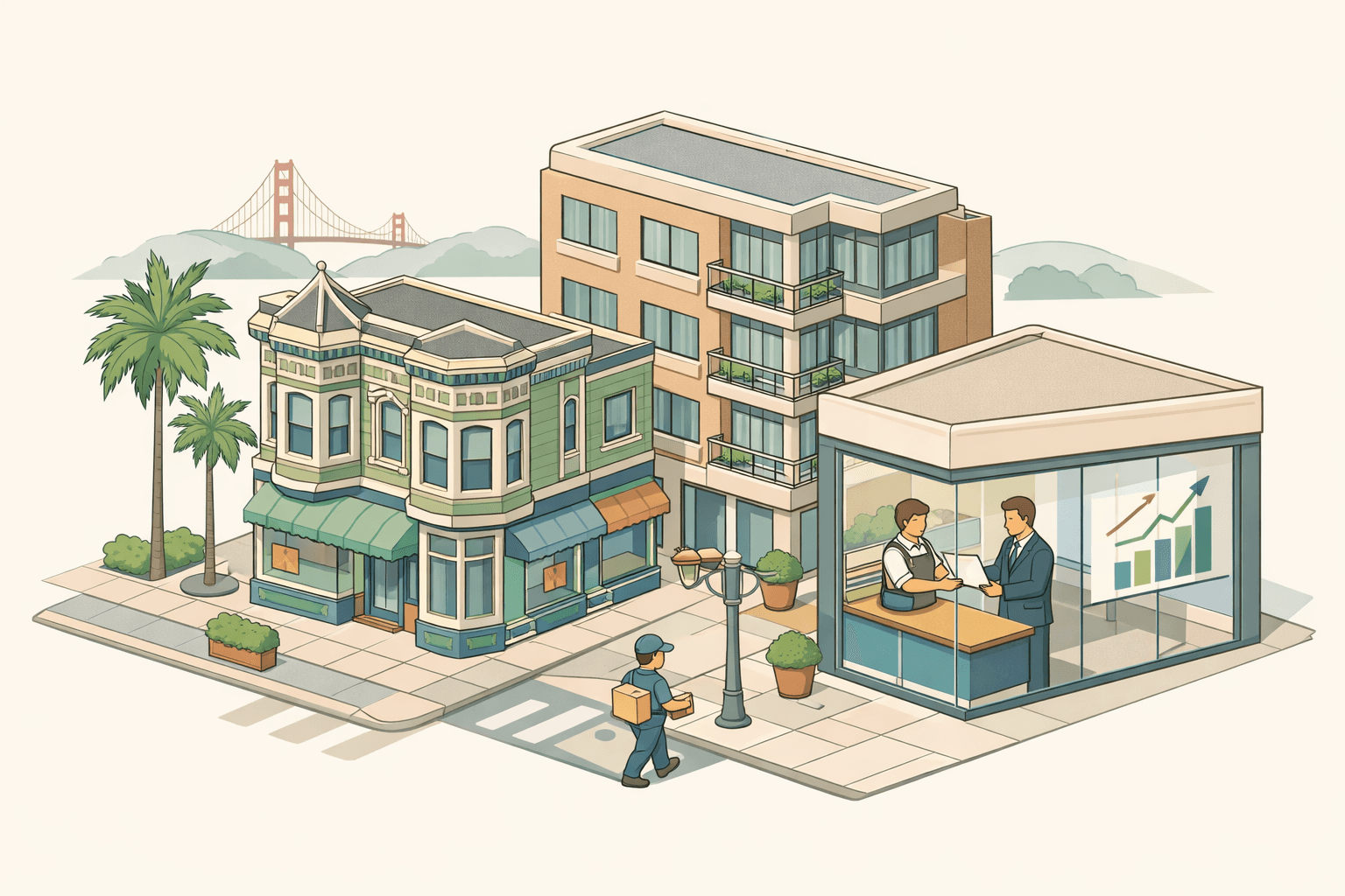 Isometric illustration of a Northern California small business district with a lender office, a business owner, and city architecture in the background.