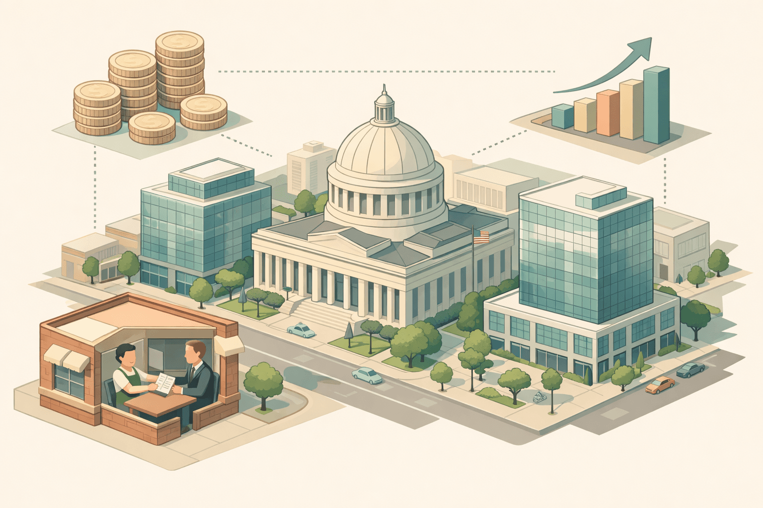 Isometric scene of an Ohio downtown with a civic dome, office towers, and a small business storefront where an owner receives financing from a lender.