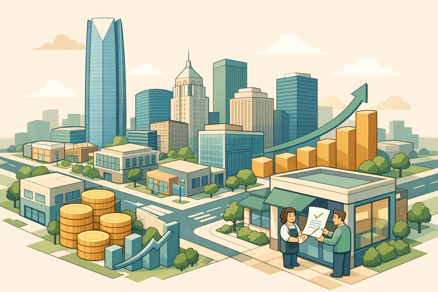 Isometric scene of Oklahoma City downtown buildings with small business owners receiving funding approvals outside a modern commercial office storefront.