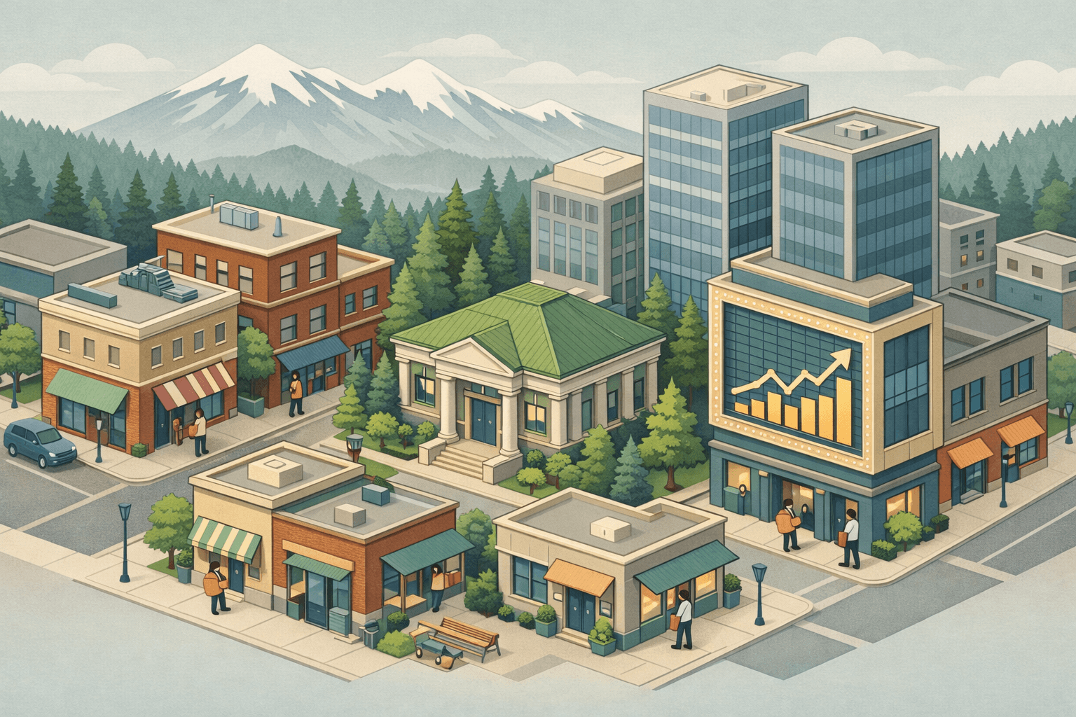 Isometric Pacific Northwest downtown scene with small business storefronts, a community bank, evergreen trees, and tiny figures representing local entrepreneurs.