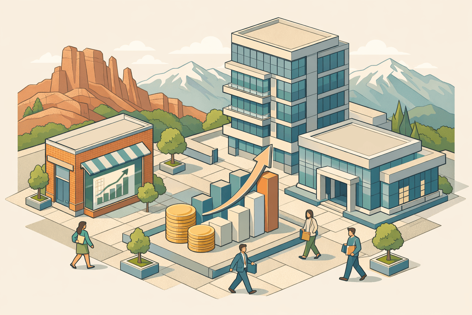 Isometric Utah business district with mountain backdrop, office buildings, a storefront, and small figures of entrepreneurs walking between them.