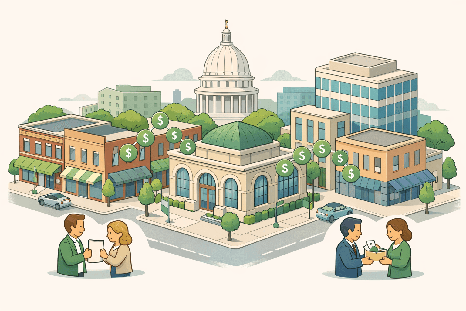Isometric scene of a Wisconsin downtown business district with storefronts, a community bank, and small business owners exchanging funding documents on the street.