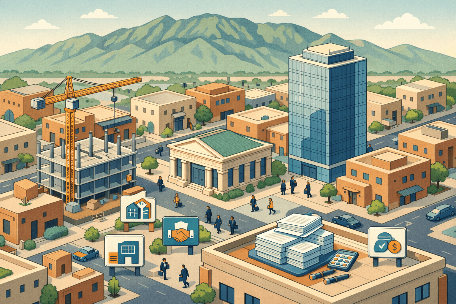 Isometric illustration of Albuquerque commercial buildings with adobe architecture, mountain backdrop, and small business figures representing SBA 504 lending activity.