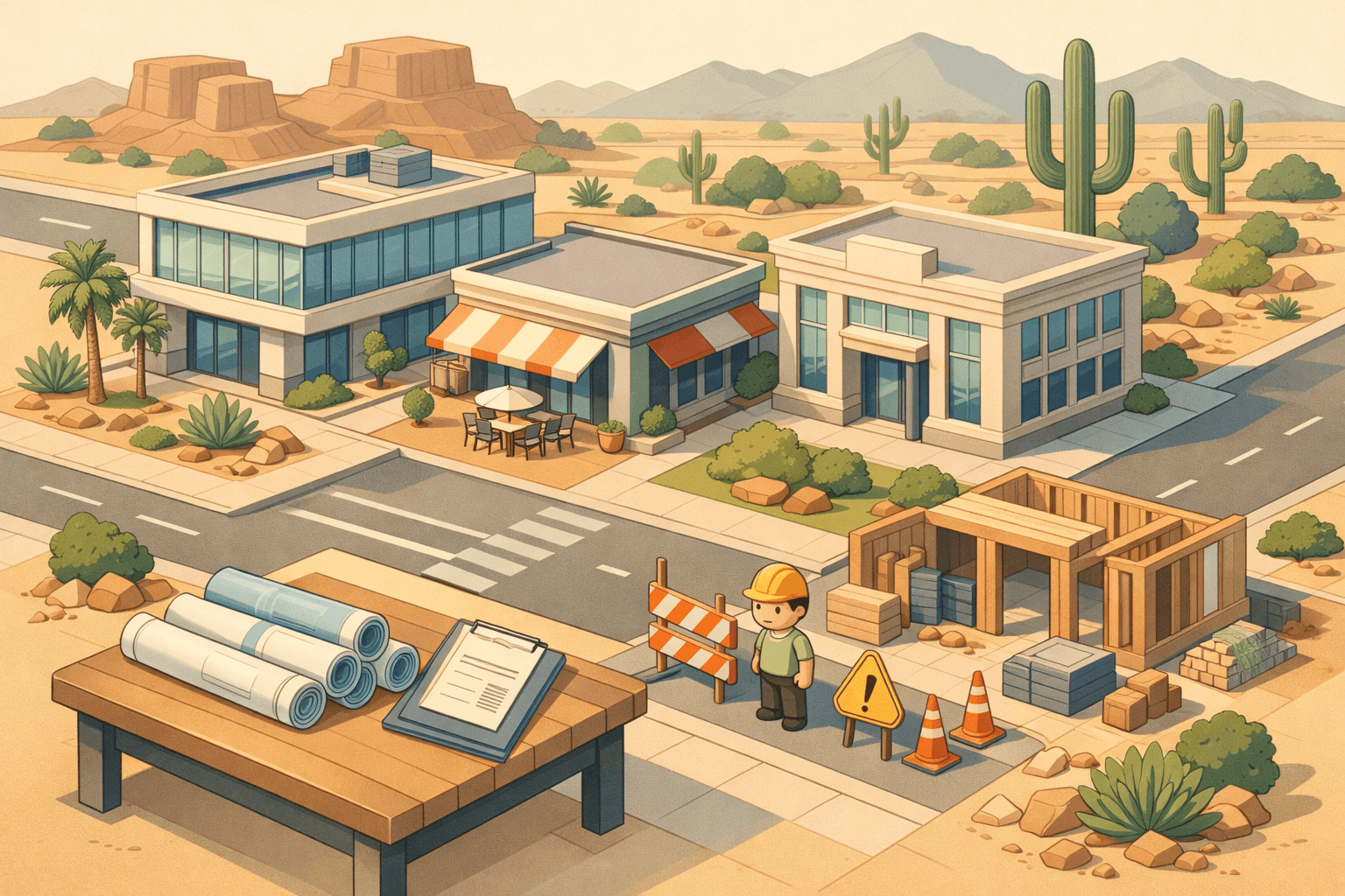 Isometric Arizona commercial district with a bank building, small business storefront, desert landscaping, and a tiny business owner figure near a property under expansion.
