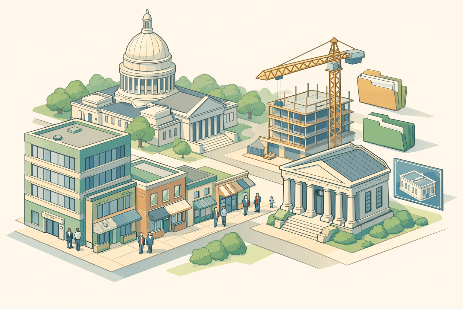Isometric scene of an Arkansas commercial district with a state capitol dome, bank branch, small business storefronts, and tiny figures near an expanding property.