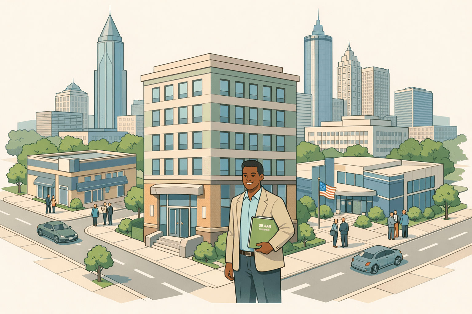 Isometric view of an Atlanta commercial block with a small business owner outside a newly financed building and a bank branch nearby.