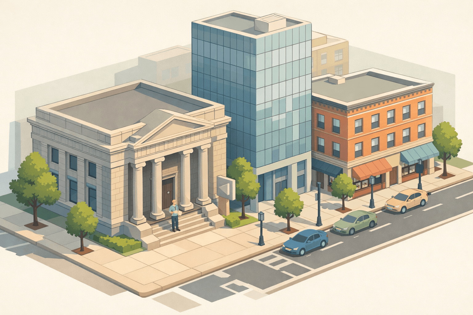 Isometric view of a Connecticut downtown street with a historic bank building, modern office tower, and a small business owner figure on the sidewalk.