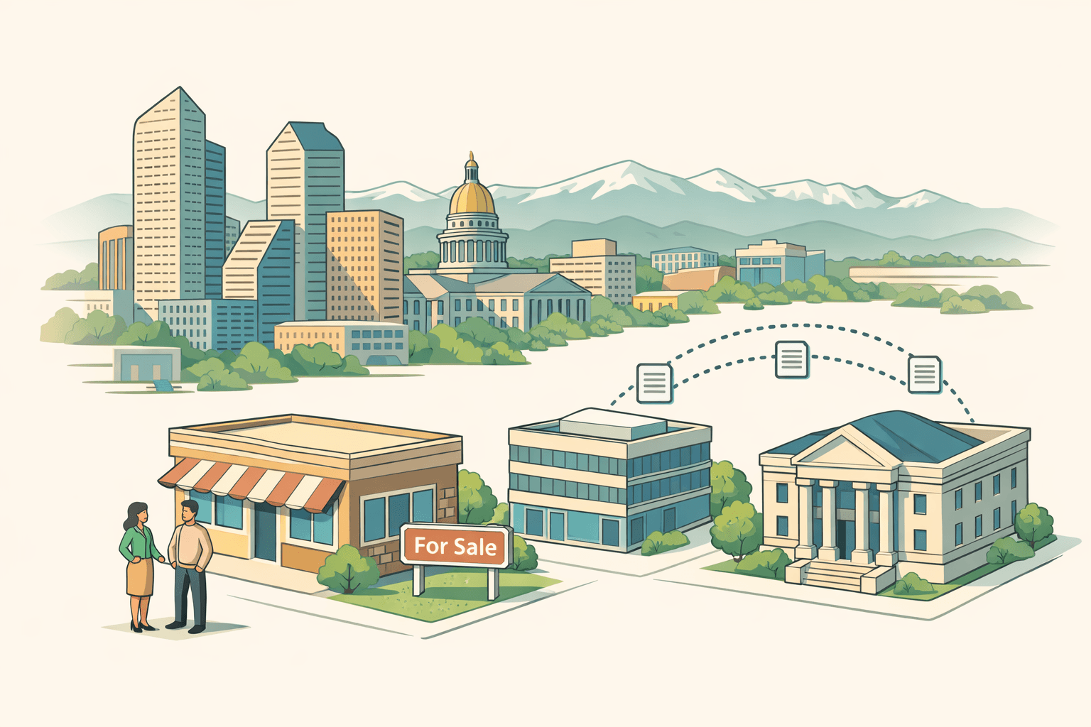 Isometric view of Denver commercial buildings with a small business owner and lender office structures connected by a financing path.