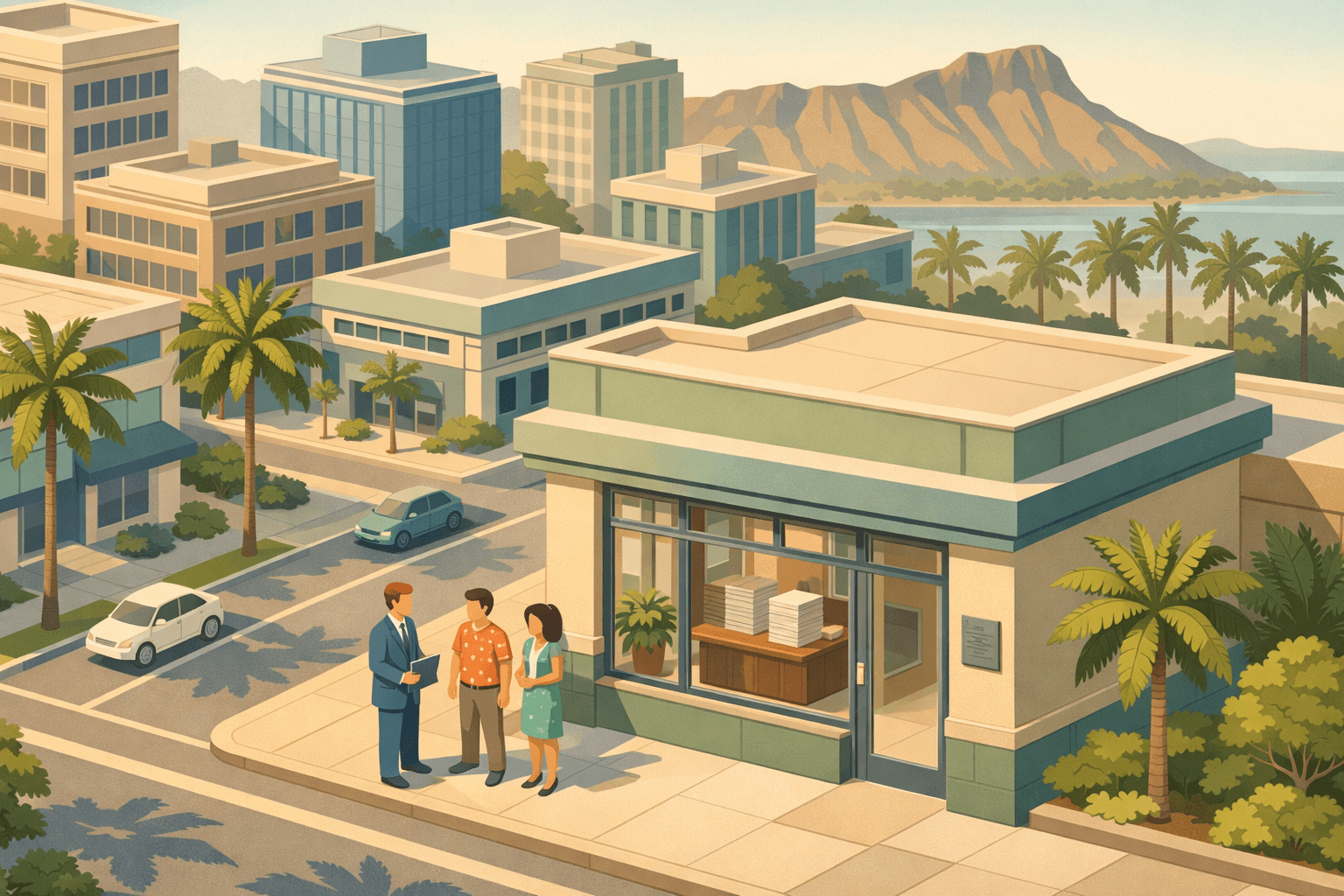 Isometric view of a Honolulu commercial street with small business owners meeting outside a lending office near downtown buildings and a distant volcanic ridge.