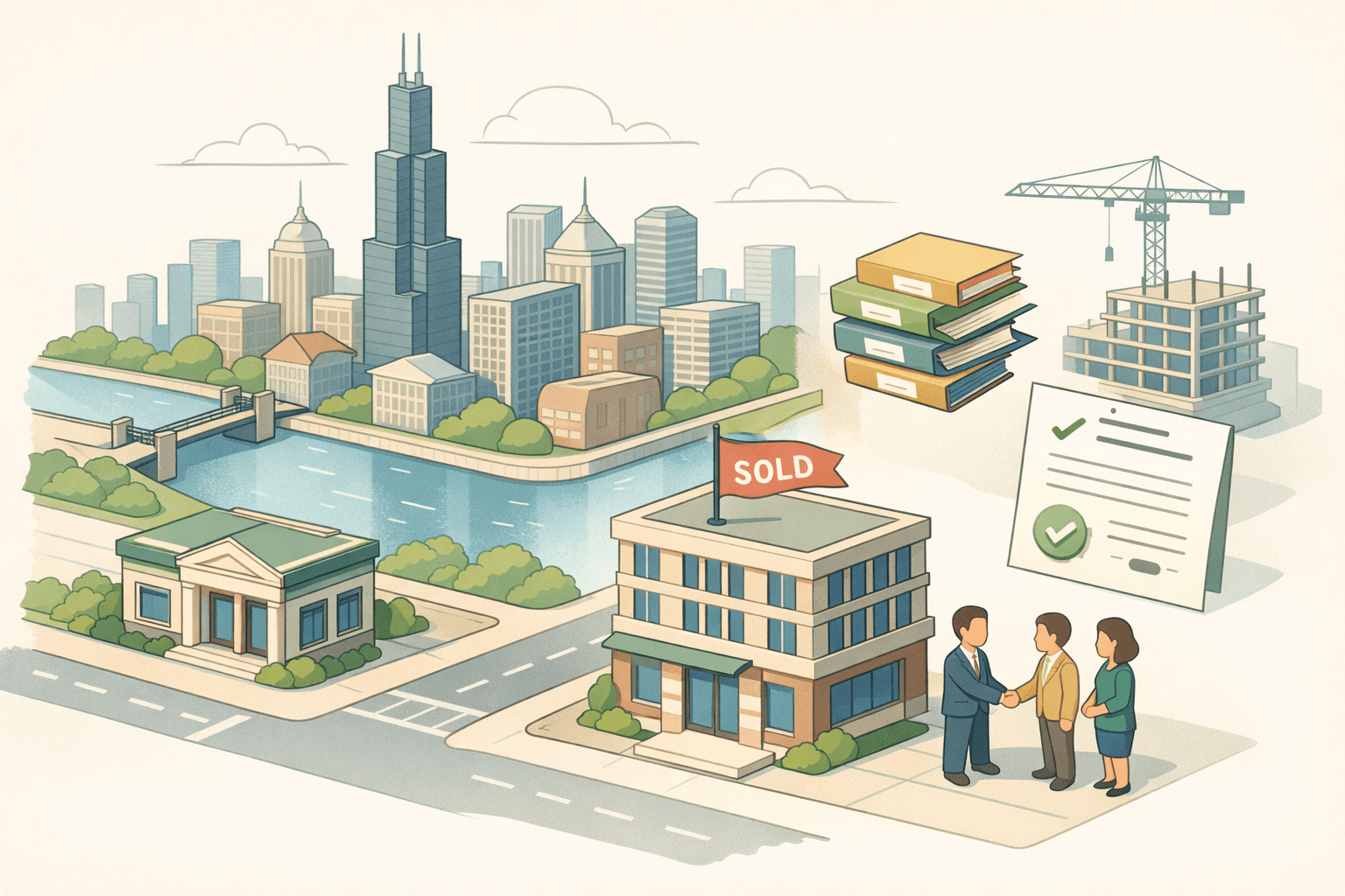 Isometric Chicago cityscape showing a bank, a commercial office building under acquisition, and small business owners meeting with a lender outdoors.