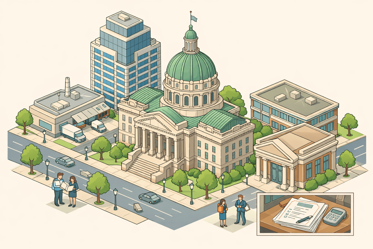 Isometric illustration of Indiana commercial buildings including a domed civic structure, an office block, a bank branch, and a small manufacturing facility with business figures on the street.