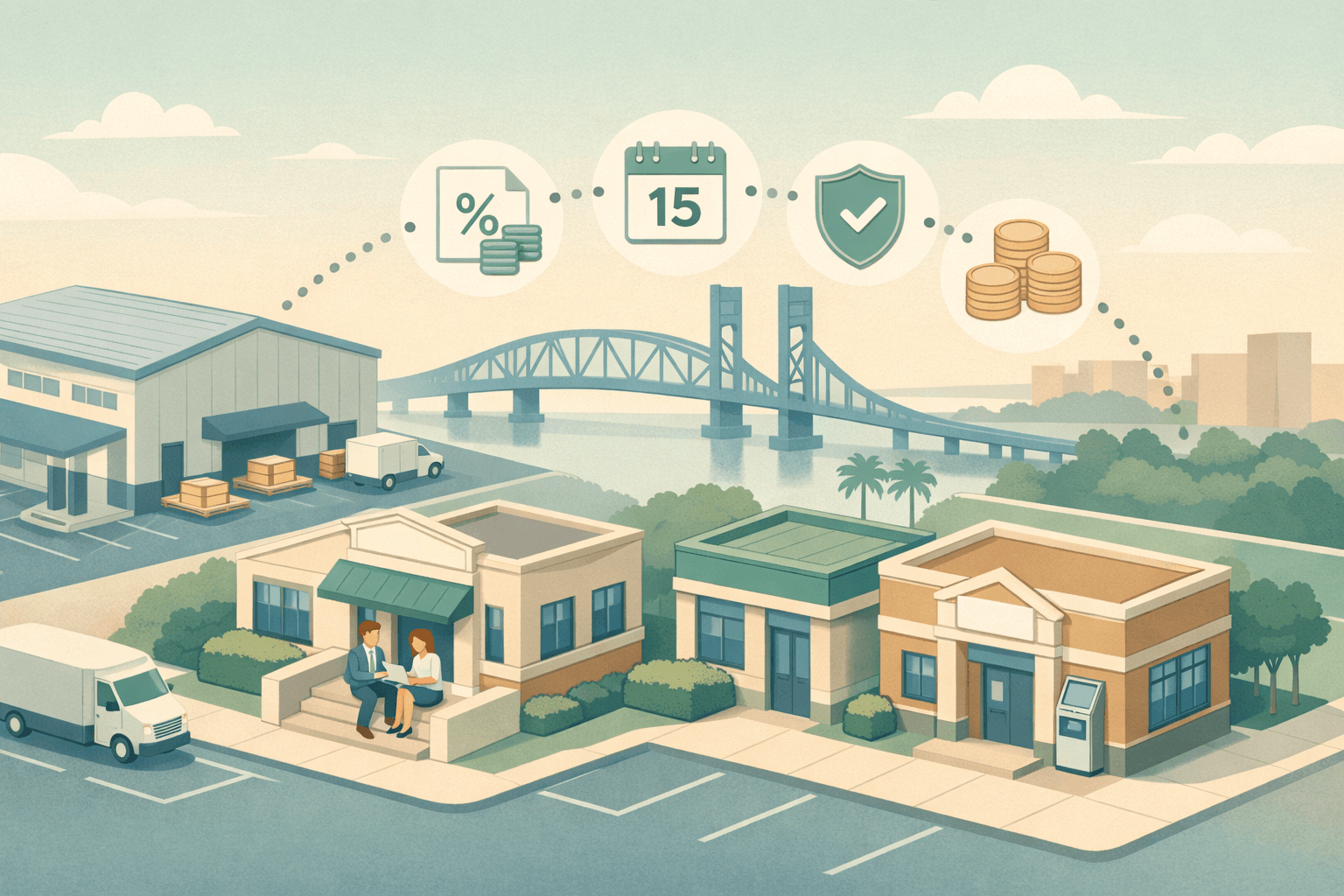 Isometric scene of Jacksonville commercial buildings and a small bank branch with business owners reviewing loan documents and a bridge visible in the background.