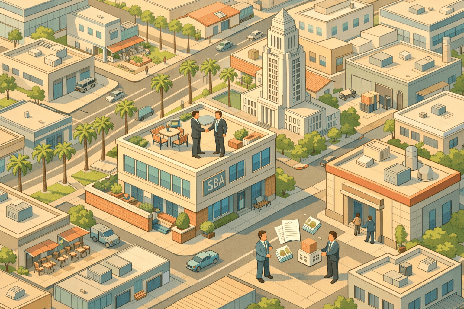 Isometric scene of a Los Angeles commercial district with owner-occupied business properties, a CDC office, and small figures completing a loan transaction.