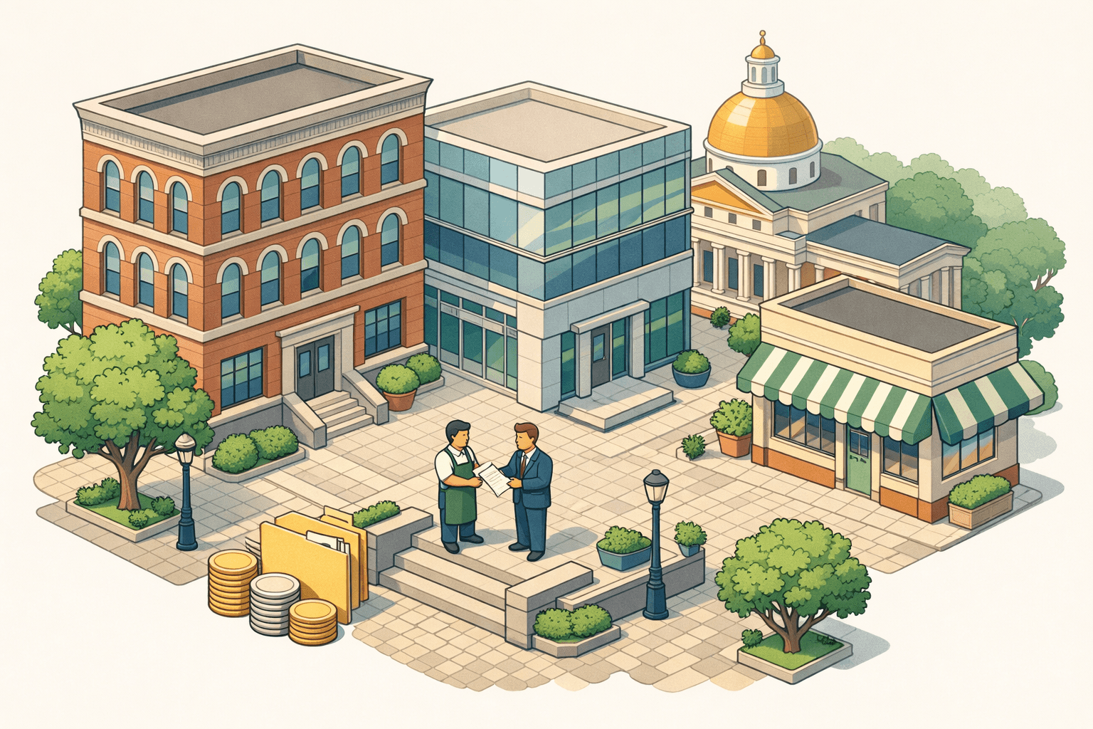 Isometric scene of a Massachusetts commercial district with a brick office building, bank branch, and small business storefront with tiny figures exchanging loan documents.