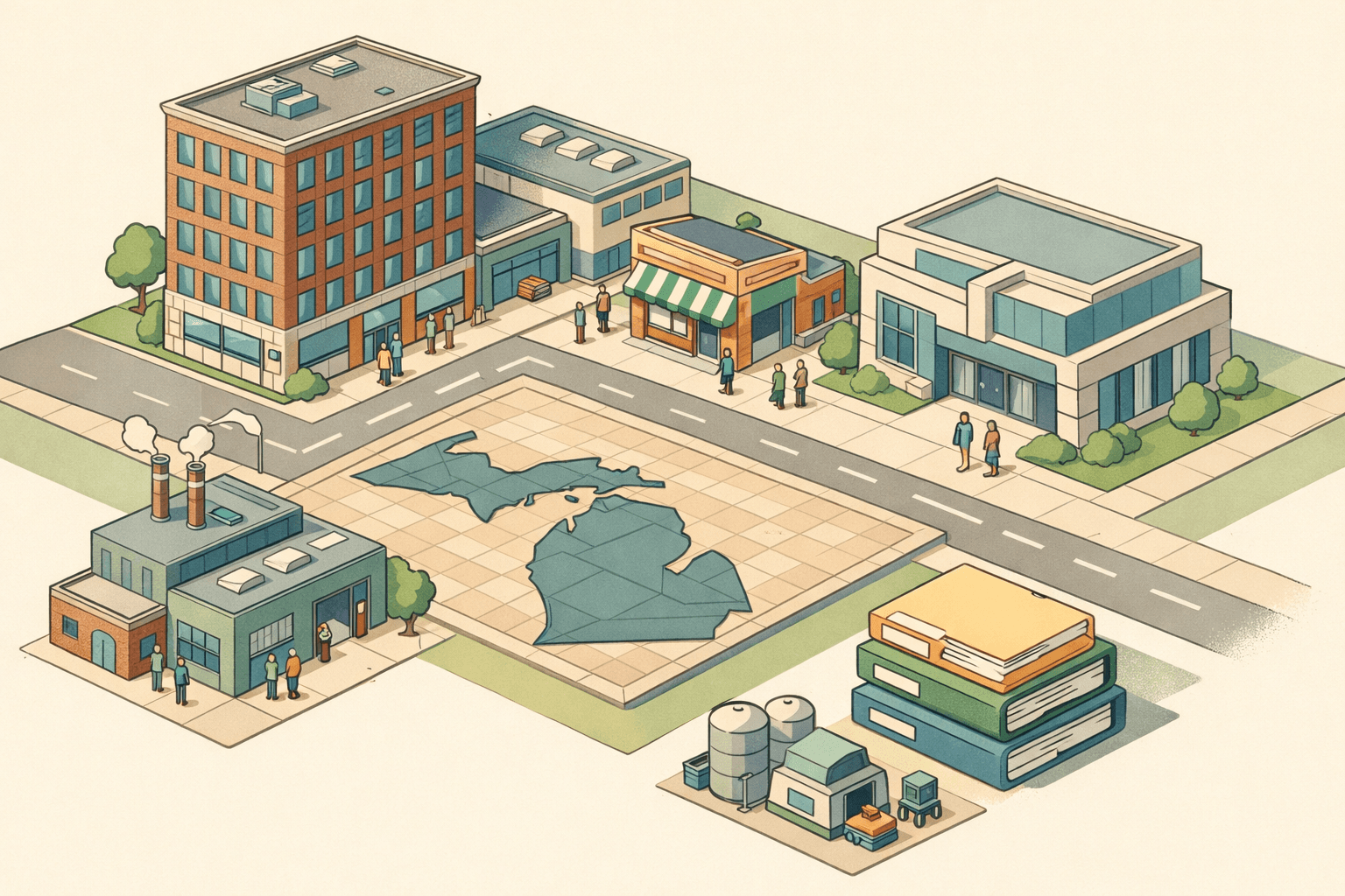 Isometric illustration of a Michigan commercial district with an office building, a bank branch, a small business storefront, and tiny figures representing business borrowers.