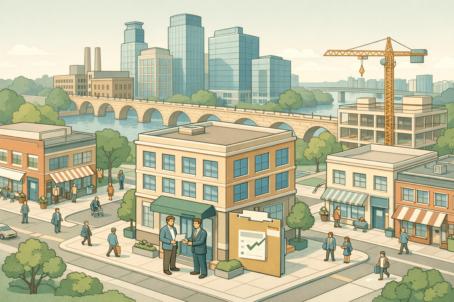 Isometric illustration of downtown Minneapolis commercial buildings with small business owners and bankers exchanging loan documents outside an owner-occupied property.