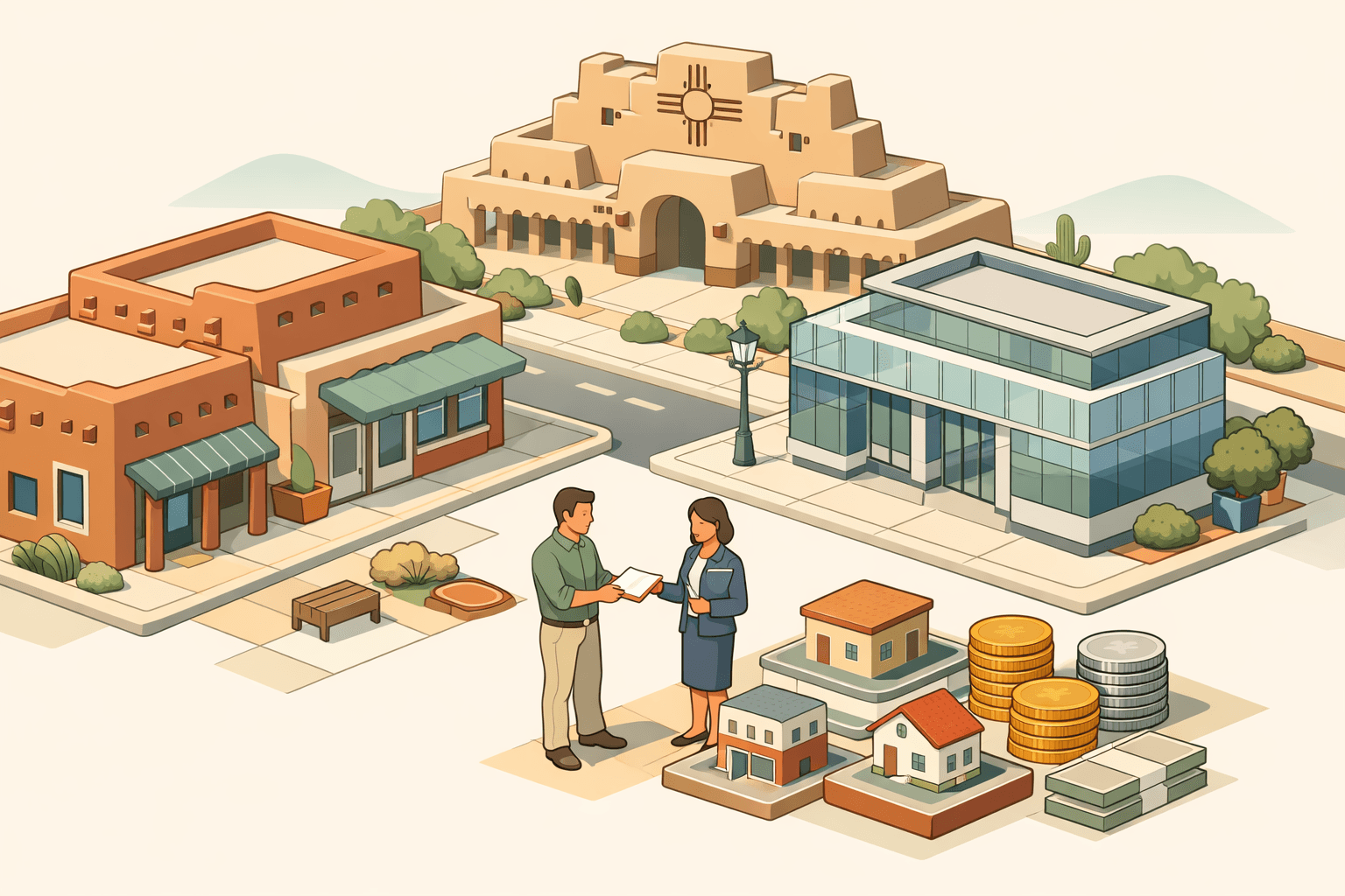 Isometric illustration of a New Mexico small business district with adobe buildings, a bank office, and business owners reviewing financing documents outside.