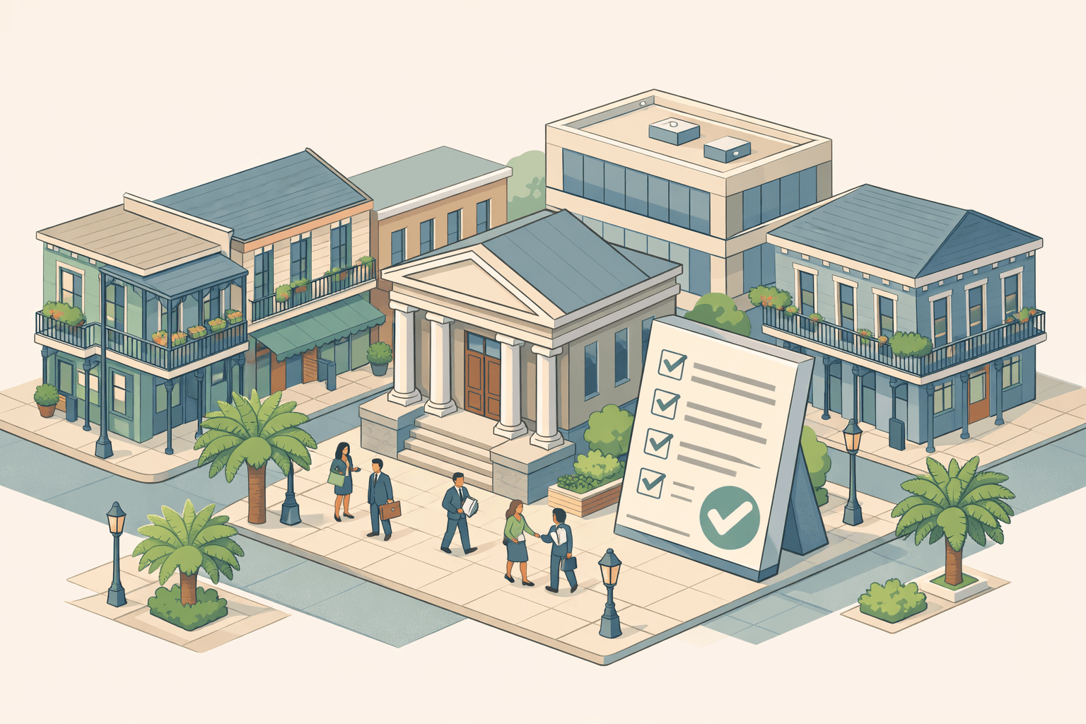 Isometric scene of a New Orleans commercial street with a bank building, French Quarter architecture, and small figures near a loan document.
