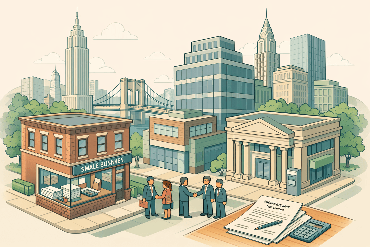 Isometric New York cityscape with a small business owner meeting a lender outside a commercial property alongside a CDC office and community bank.