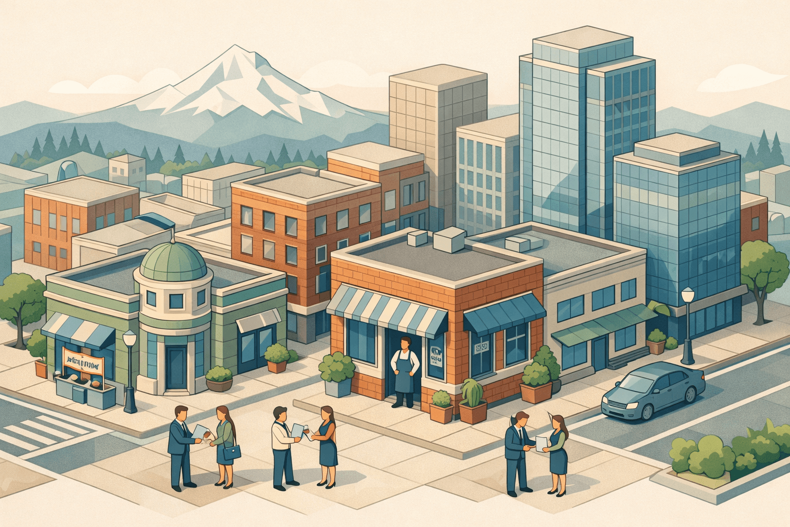 Isometric view of a Portland commercial street with small business storefronts, a community bank branch, and tiny figures exchanging loan documents outside.