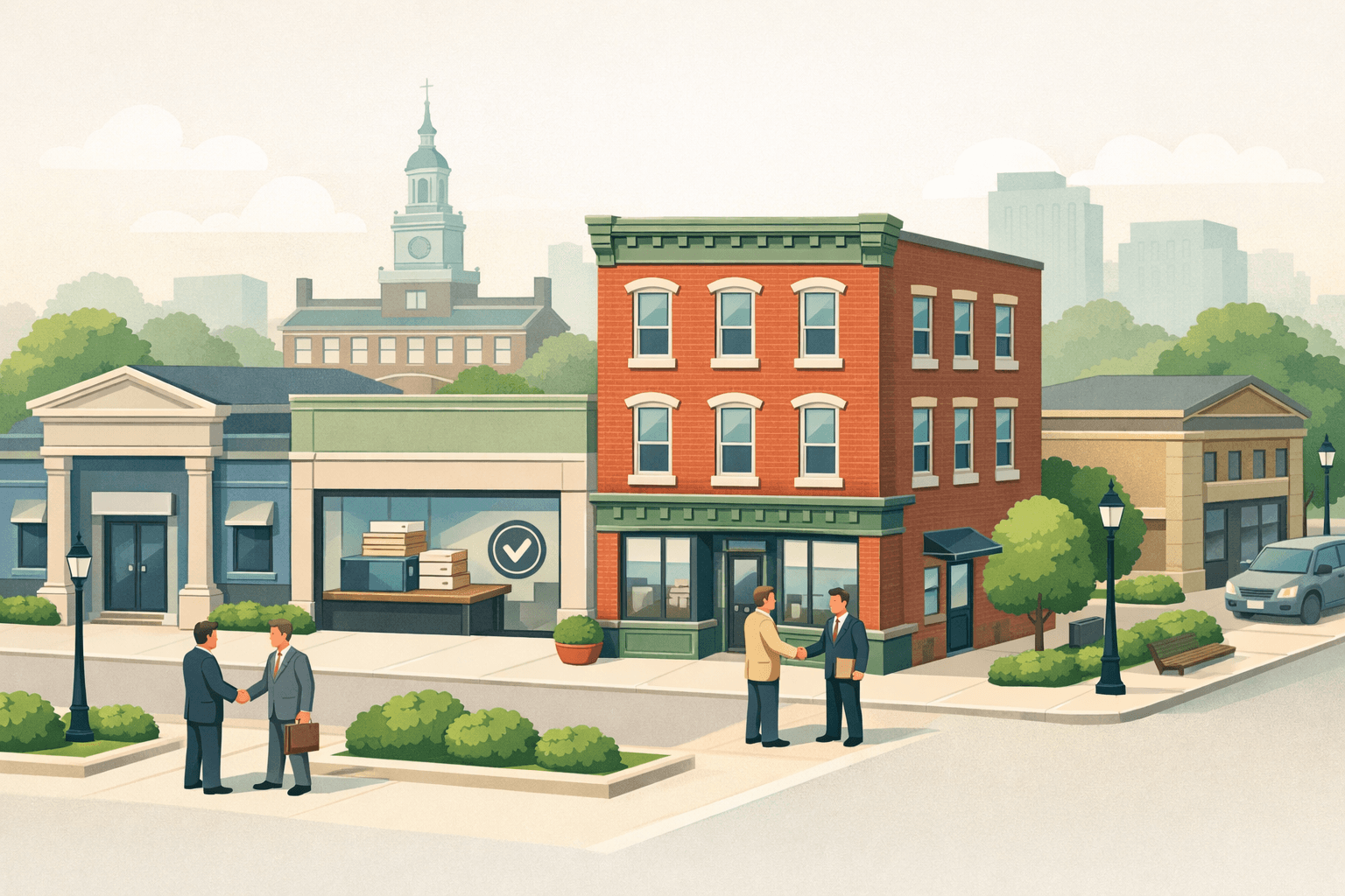 Isometric scene of a Pennsylvania commercial street with a small business owner, a CDC office, and a community bank building in a downtown setting.