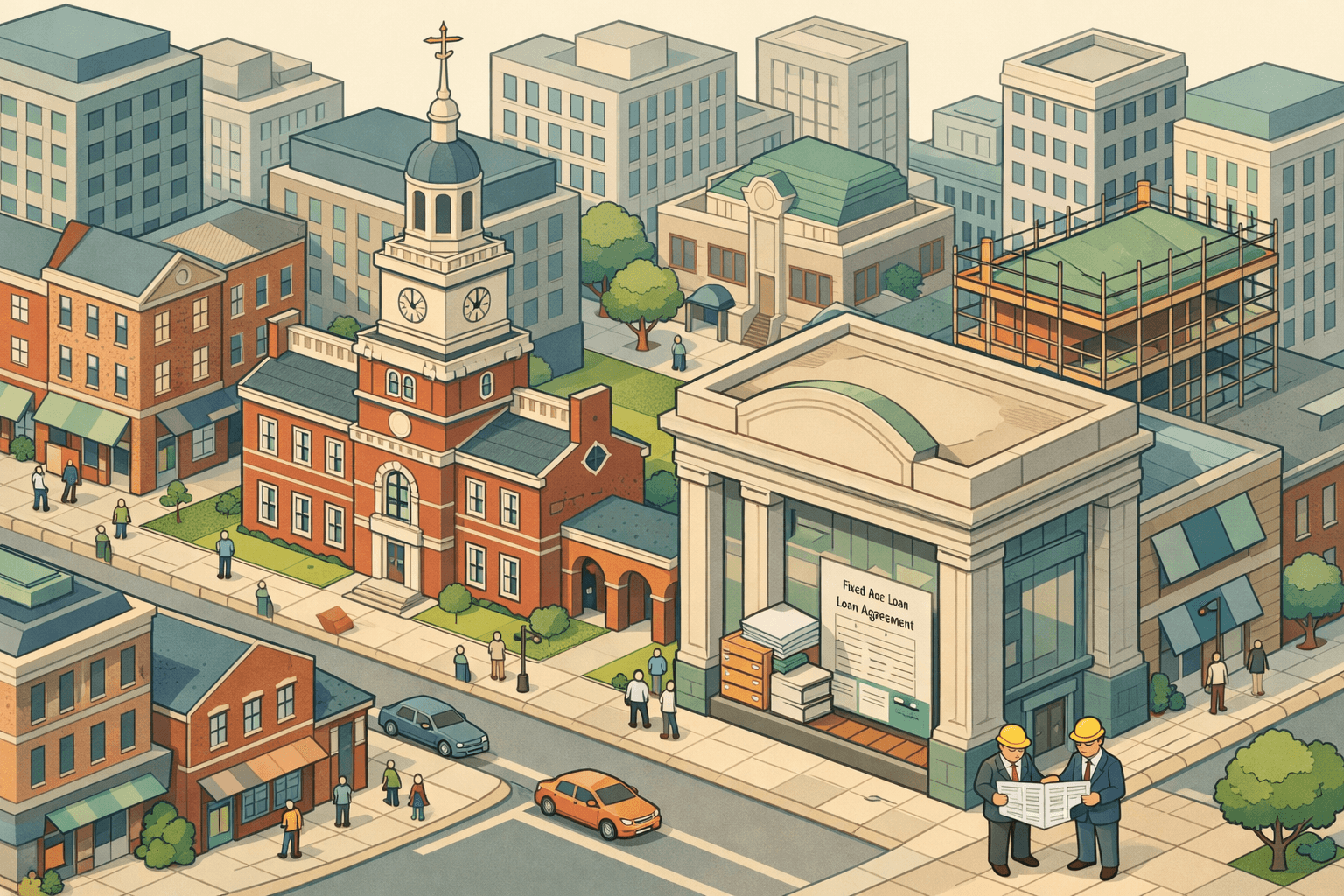 Isometric Philadelphia cityscape with historic commercial buildings, a community bank, and small business owners reviewing plans for a commercial property project.