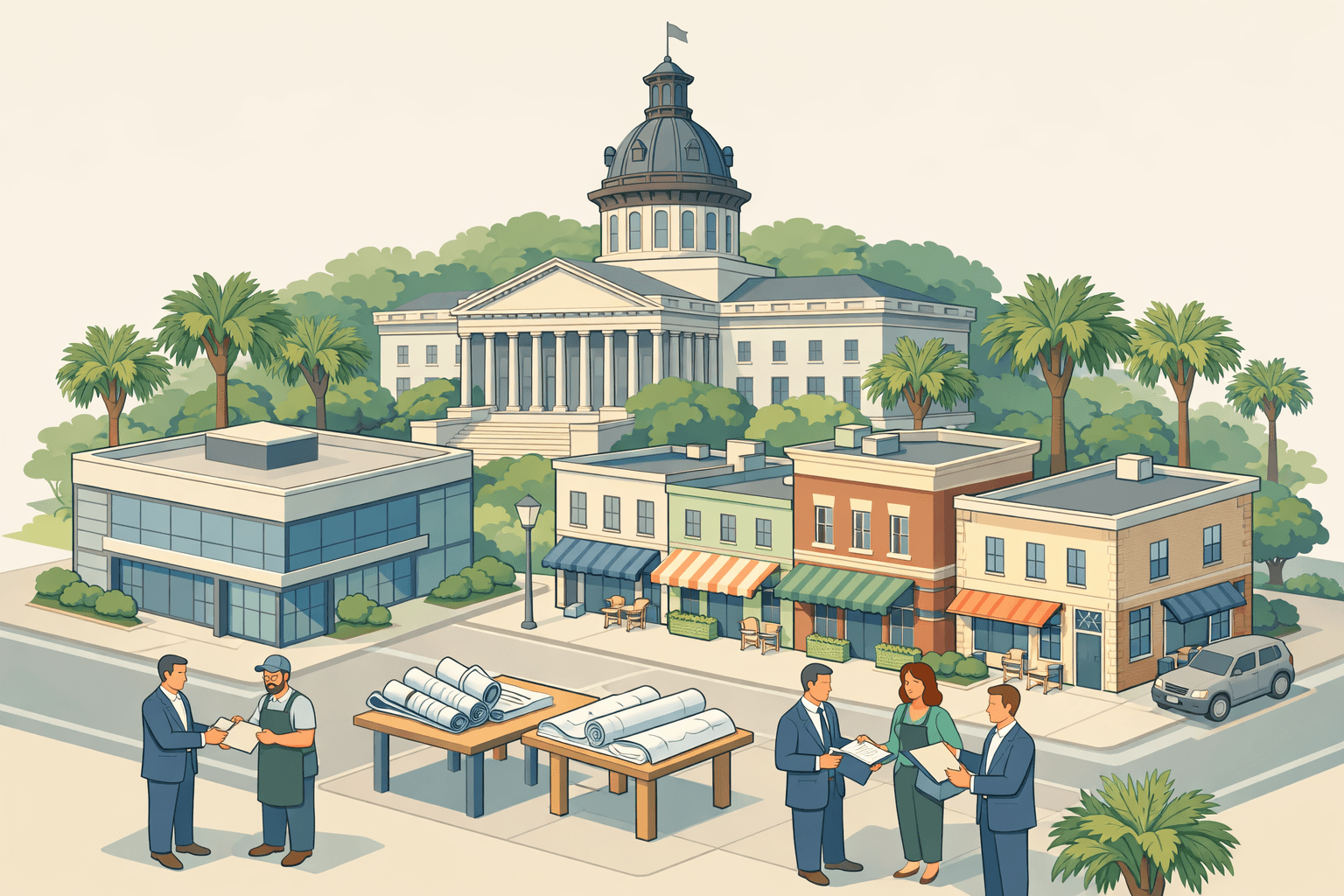 Isometric scene of a South Carolina commercial street with small business buildings, a bank office, and owners exchanging loan documents near palmetto trees.