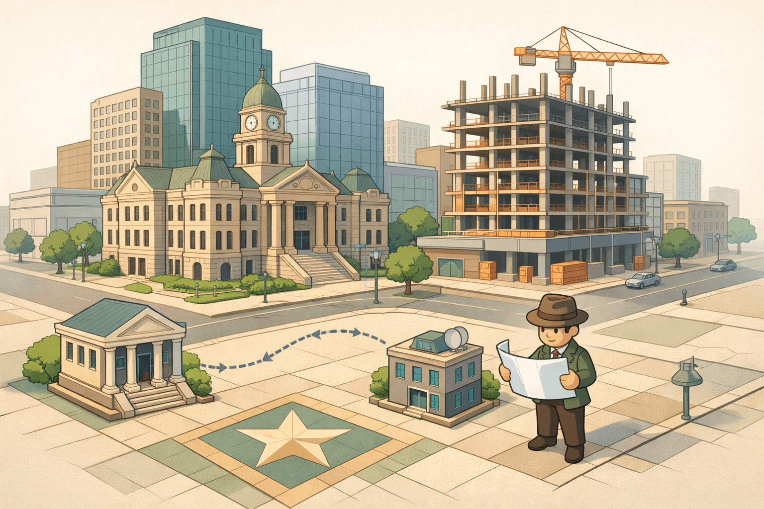 Isometric illustration of a Texas downtown with a historic courthouse, modern office towers, a bank, and a small business owner reviewing blueprints on a city sidewalk.