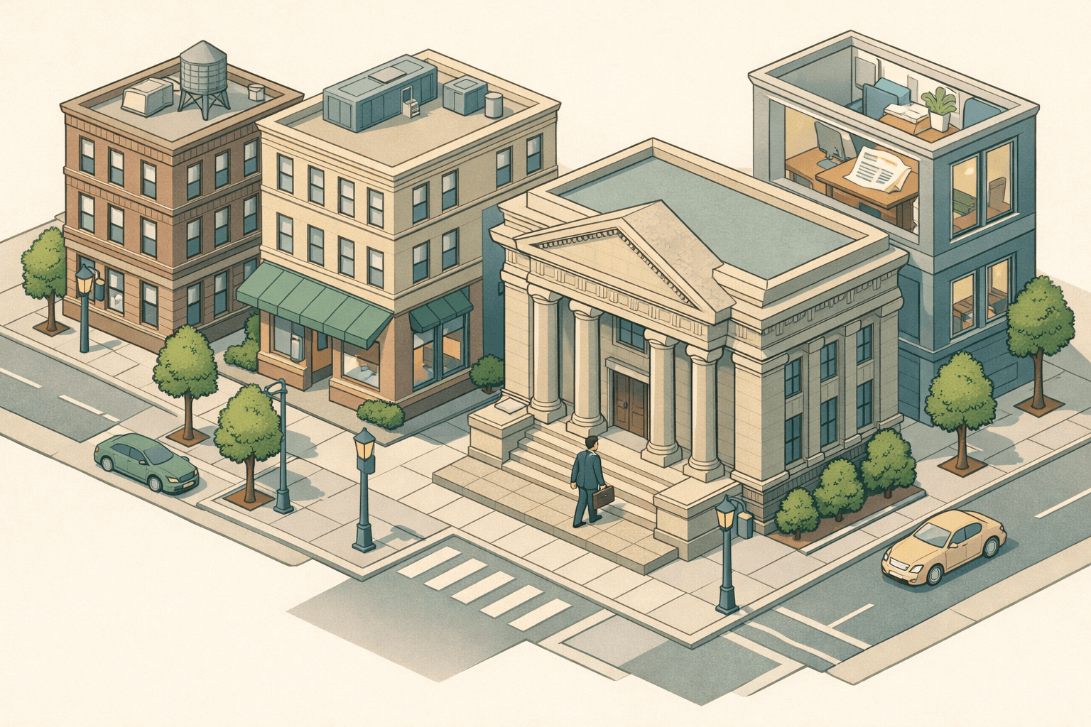 Isometric Northeast city street with a classic bank building, commercial offices, and a small business owner walking toward the entrance.