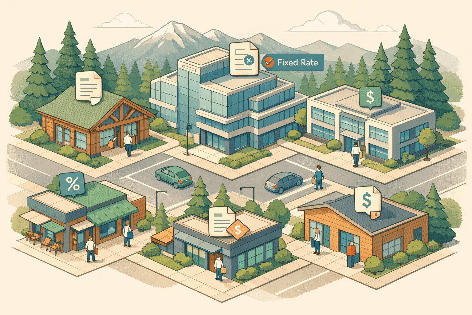 Isometric illustration of a Pacific Northwest small business district with commercial buildings, evergreen trees, a mountain backdrop, and figures near a central lending office.